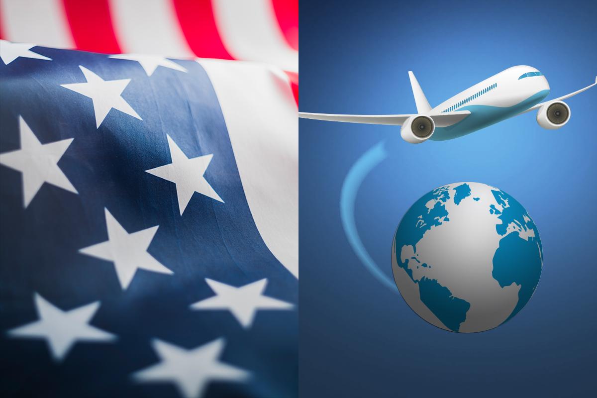 Referencias visuales para el diseño del logotipo de Aerius International, relacionadas con Estados Unidos, transporte aéreo y comercio internacional