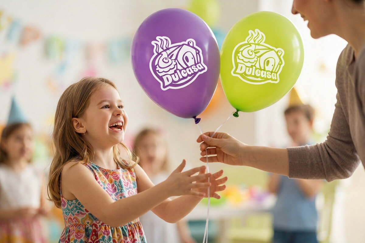 Aplicación del logotipo monocromático negativo de Dulcasa sobre globos morado y verde limón