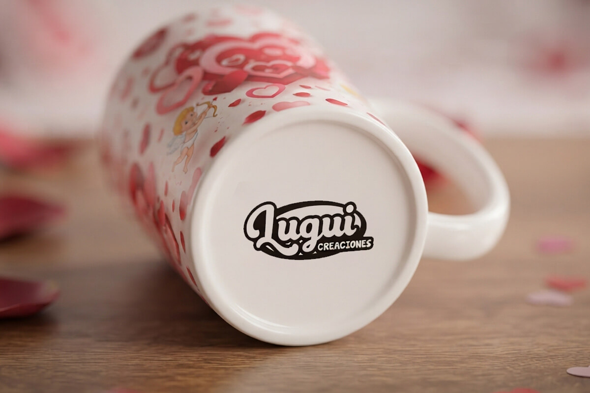 Logotipo de Lugui Creaciones aplicado mediante serigrafía o impresión en la base de una taza personalizada de temática de San Valentín