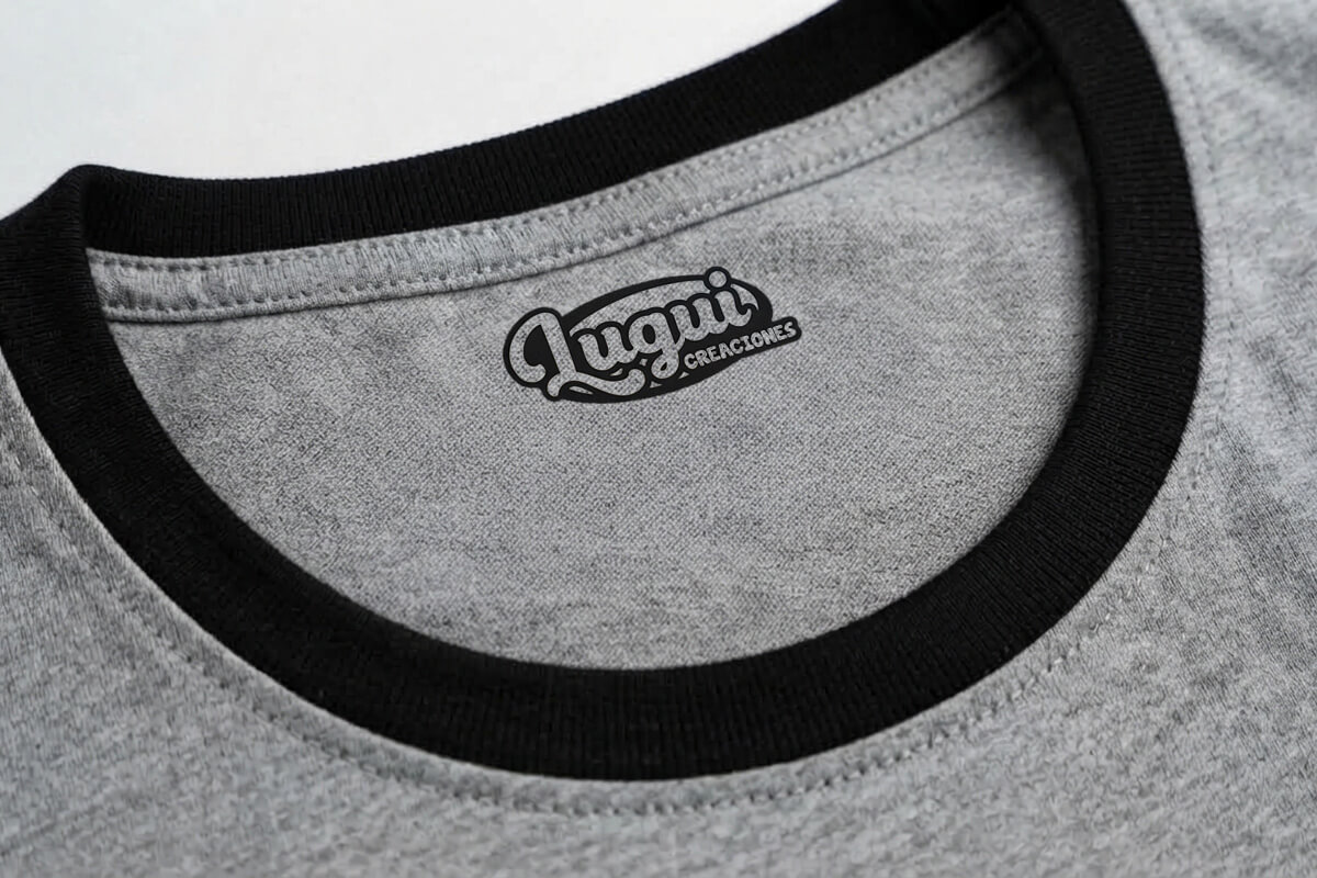 Aplicación monocromática del logotipo de Lugui Creaciones estampada en el cuello de una camiseta blanca