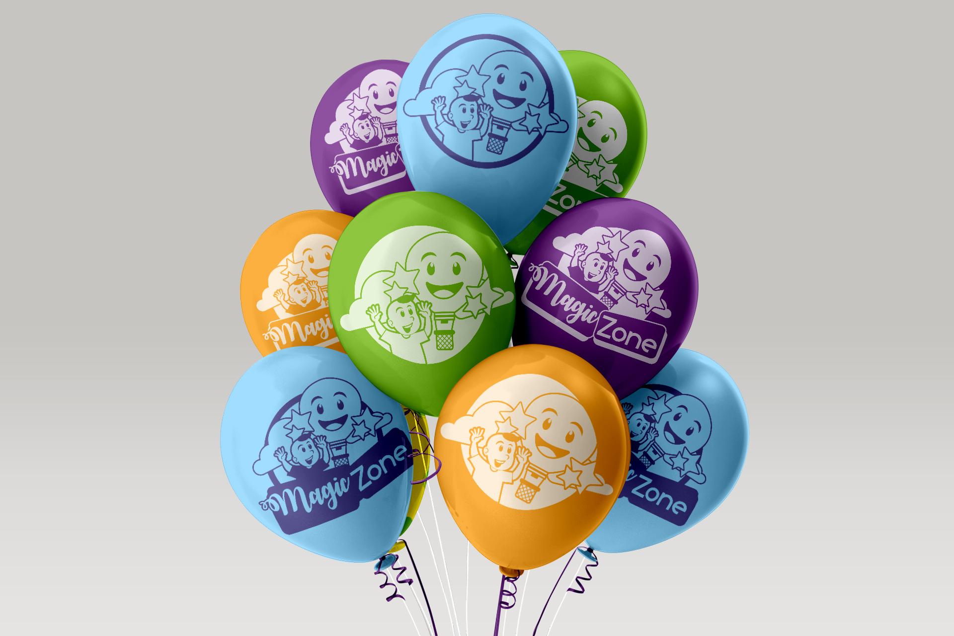 Aplicaciones de las versiones monocromáticas del logotipo de Magic Zone sobre globos de colores claros y oscuros