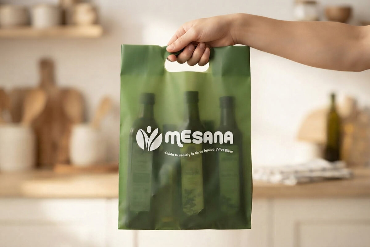 Logotipo de Mesana en versión negativa blanca aplicado sobre una bolsa verde
