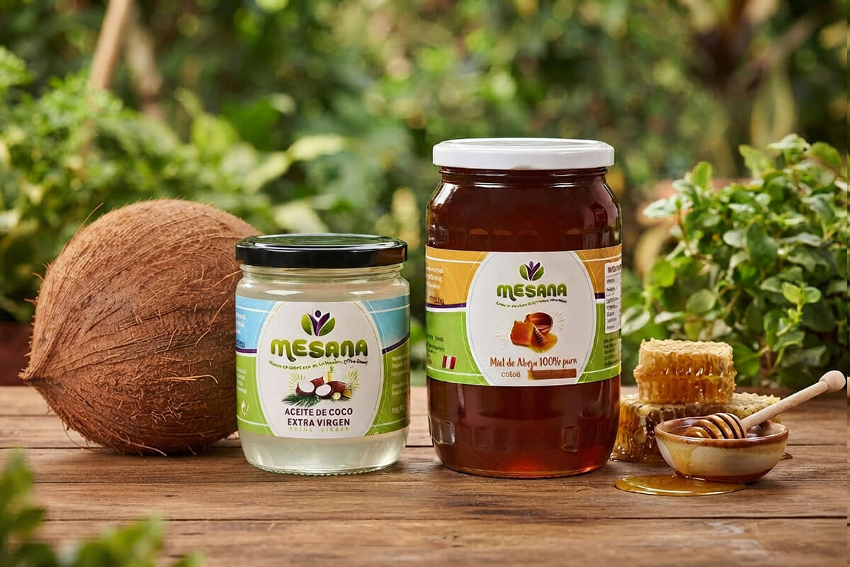 Aplicación del logotipo de Mesana sobre envases de miel y aceite de coco