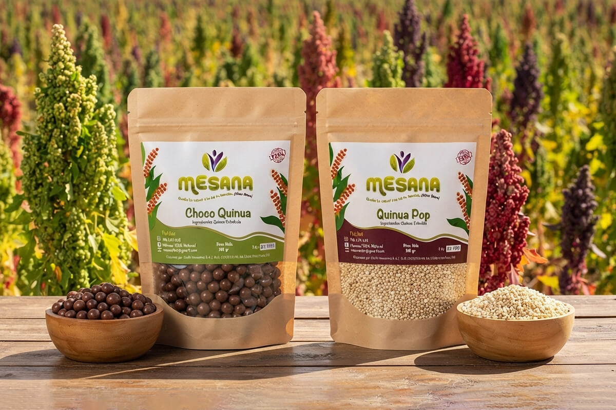 Aplicación del logotipo de Mesana sobre empaques de bolitas de quinua y quinua con chocolate